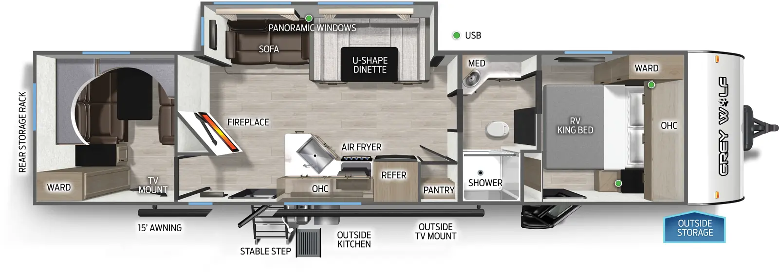 The Grey Wolf 29NM floorplan has two entries and one slide out. Exterior features include: metal exterior, 15' awning and outside kitchen. Interiors features include: bunk beds, u-dinette, front bedroom and pass through bathroom.
